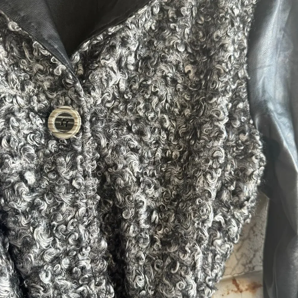Vtg 90s Belted Coat‎ Long Faux Leather Sleeves Boucle Knit Jacket Womens M USA - Picture 5 of 11